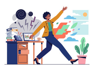 Fototapeta premium Dynamic flat vector illustration of a professional escaping workplace stress and burnout, moving towards freedom and work-life balance.