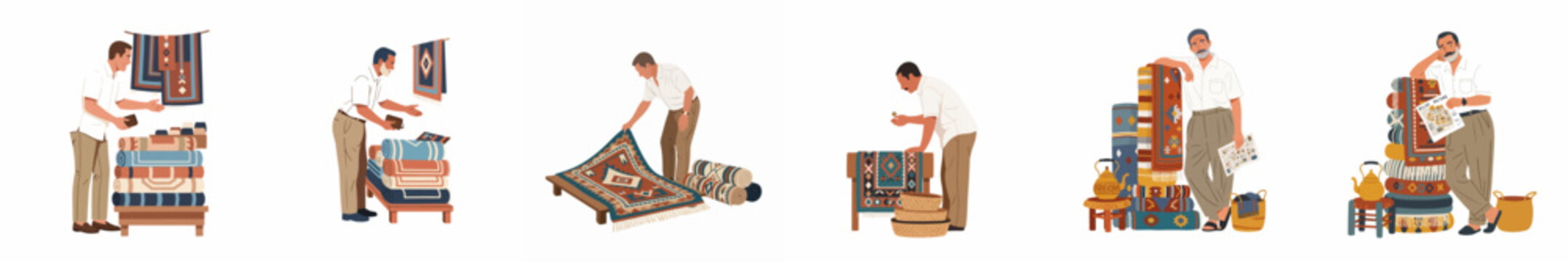 Collection of men selling traditional hand-woven carpets and rugs in a Middle Eastern bazaar style market flat vector illustration set.