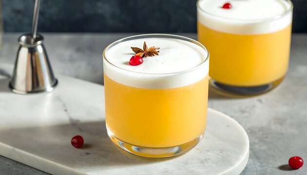 Two cocktails with creamy foam and star anise garnish. Cranberries and jigger on a marble surface, with a gray background