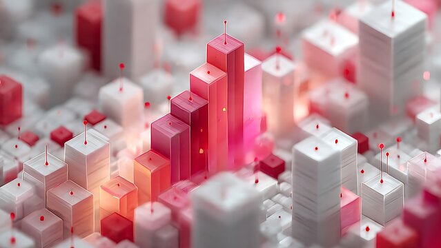 Business data growth chart showing increasing financial success with red and white blocks representing market trends and digital statistics in a macro view