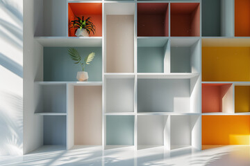 Fototapeta premium Modern cube style bookshelf with a vibrant color block palette and organic shapes. Stylish background setting for online work.