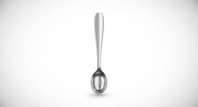 Sleek silver tablespoon standing vertically on a pristine white surface with soft shadow minimal