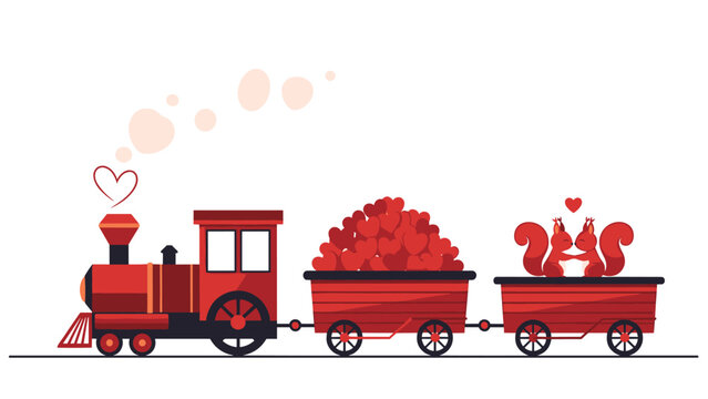 Romantic illustration of a red steam train engine pulling wagons filled with hearts and a squirrel couple for a valentine and love theme.