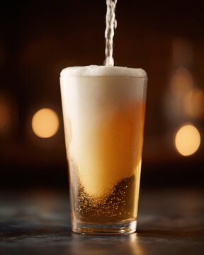 Golden lager beer pouring into frosted glass, rich creamy foam head, bright modern bar lighting