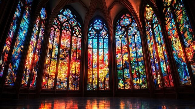 Towering gothic stained glass windows in a cathedral interior with vivid multicolored panels casting warm reflections on a polished floor, evoking awe and serene wonder