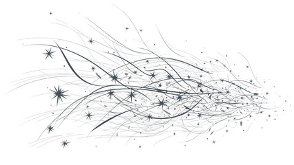 Fototapeta premium Abstract artistic illustration of flowing lines and black stars creating a sense of movement or a magical wind across the frame.