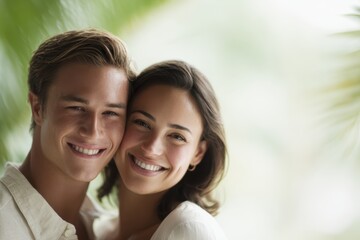 Obraz premium young couple smiling together in tropical setting romantic lifestyle portrait
