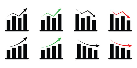 Obraz premium Up and down graph chart vector icon set. growth increase and decrease sign. upward or downward trend bar chart icon. vector illustration