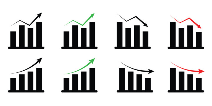 Up and down graph chart vector icon set. growth increase and decrease sign. upward or downward trend bar chart icon. vector illustration