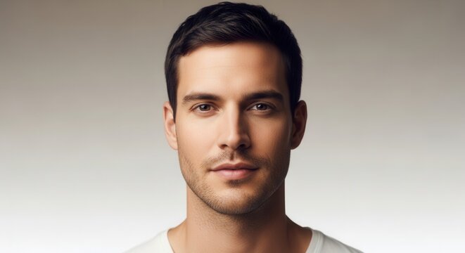 Captivating studio portrait of a confident young male with a composed expression and minimalist