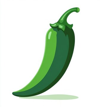 single glossy green chili pepper with curved stem casting soft shadow on white background, fresh and vibrant