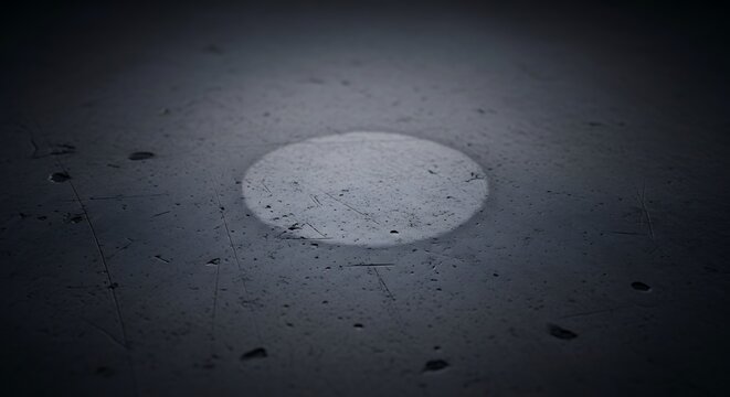 A close-up view of a worn gray concrete floor with a circular patch of light and scratches