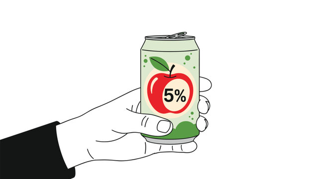 Close-up of a hand holding a green apple cider can with a five percent alcohol label provides a refreshing look at casual social beverages.
