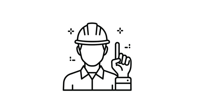 Construction worker wearing a hard hat points upward in a minimalist black and white line art icon for safety and industry concepts.