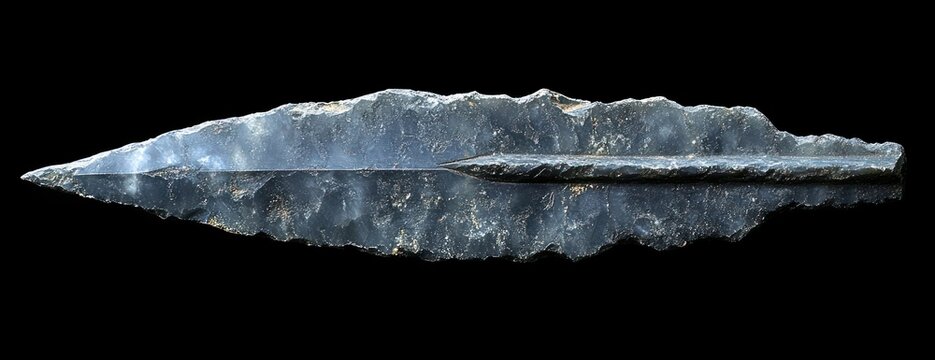 ancient flint spearhead with central ridge and flaked leaf-shaped blade on black background, sharp and austere