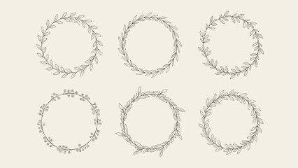 Obraz premium Leafy wreaths collection with six different circular frames made of delicate thin branches and foliage for wedding stationery and logo design.