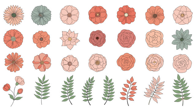 Flower heads and green leaves collection featuring various colorful blossoms in shades of pink red and blue for floral pattern designs.