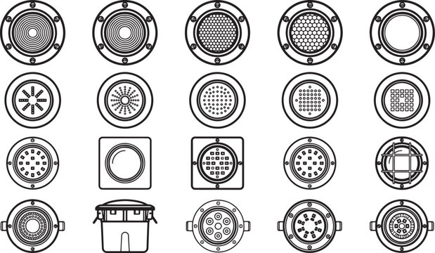 An array of modern manhole covers, arranged in a grid-like fashion, showcasing their unique design.