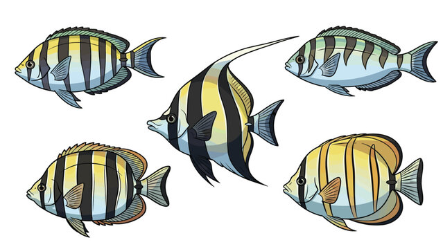 Tropical reef fish collection featuring various striped species like angelfish and butterflyfish in vibrant yellow blue and black colors.