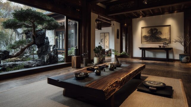 Traditional Chinese interior with wooden floor, rustic table with guqin and ink brushes, antique umbrella, Ming Dynasty dragon robe, tranquil garden view, serene and elegant atmosphere