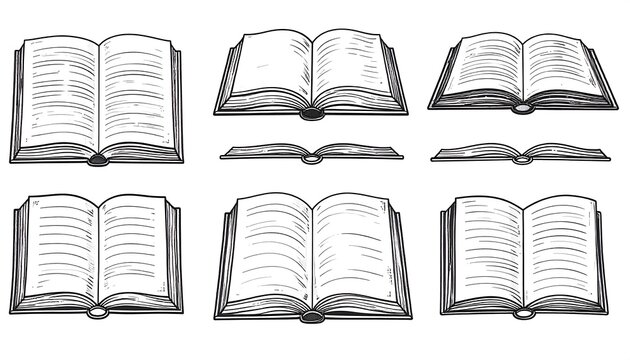 A collection of open and closed books in various angles