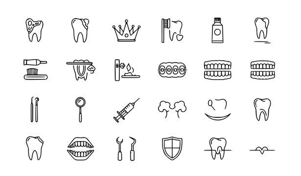 Minimal Dental Line Icons Set &ndash; Oral Health and Stomatology Editable Stroke Vector Pack Isolated on White
