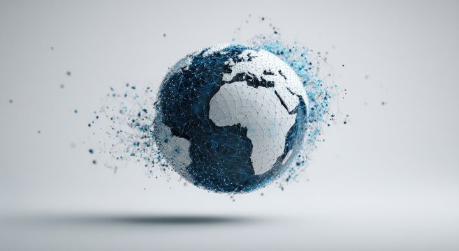 A futuristic, abstract representation of the Earth appears to be deconstructing into a network of interconnected particles, symbolizing global connectivity and technological advancement.