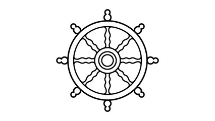 Obraz premium A clean minimalist black line vector icon of a Dharma Wheel on a white background, representing the Buddhist Dharmachakra symbol of enlightenment, path to nirvana, and spiritual teachings.
