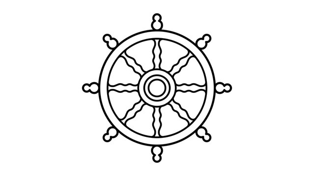 A clean minimalist black line vector icon of a Dharma Wheel on a white background, representing the Buddhist Dharmachakra symbol of enlightenment, path to nirvana, and spiritual teachings.