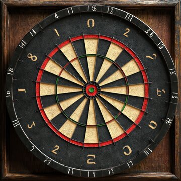 Vintage wooden-framed dartboard with red and green bullseye, numbered outer ring and worn textured segments conveying focus and competitive nostalgia