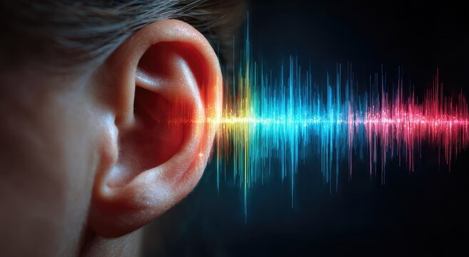 Close-up of human ear receiving colorful sound waves, implying hearing and audio
