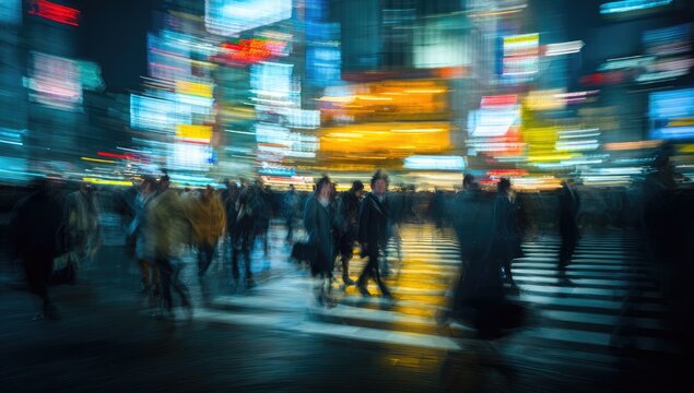 A vibrant long-exposure photograph captures the bustling energy of a Tokyo street at night, showcasing blurred figures crossing a wet crosswalk beneath a dazzling array of neon lights.