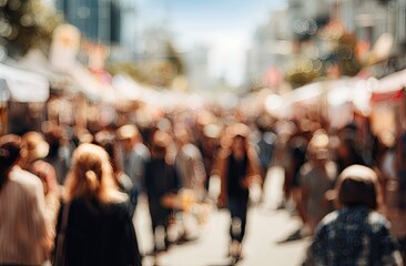 Fototapeta premium A blurred, sun-drenched street scene captures the bustling energy of a crowded outdoor market, filled with indistinct figures and colorful stalls.
