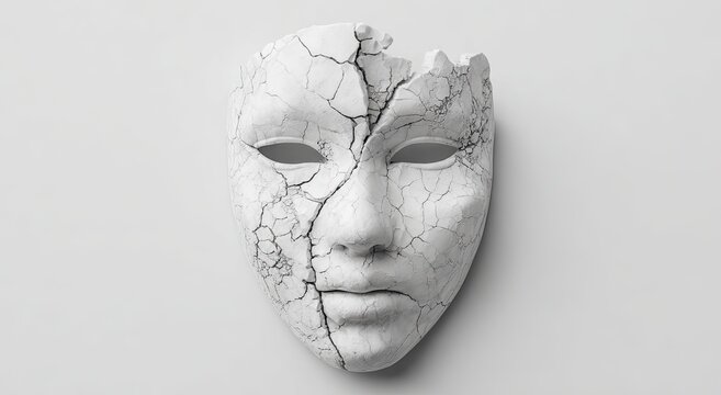 A stark white, cracked ceramic mask with a missing piece rests against a plain, light gray background, evoking themes of fragility and hidden identity.