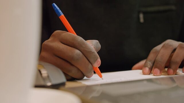 Black hands writing on paper at desk, orangeblue pen gliding across invoice beside laptop and mug, warm indoor light, administrative assistant completing paperwork with calm concentration, shallow