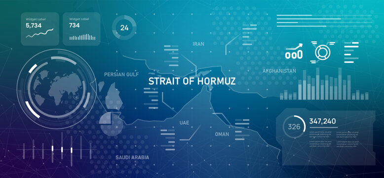 map of the Strait of Hormuz and Persian Gulf with Iran UAE and Oman borders digital data dashboard featuring a stylized geographic including futuristic infographic global network connections and