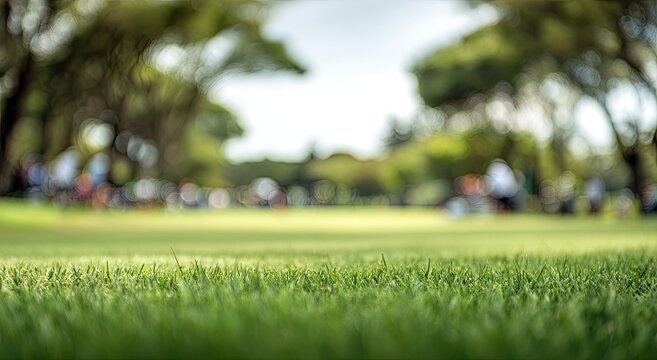 A shallow depth of field photograph showcases a vibrant green lawn leading to a blurred background of trees and indistinct figures, creating a serene and peaceful outdoor scene.