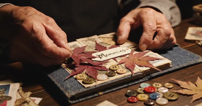 Elderly hands assembling a scrapbook with autumn leaves and buttons on a wooden table