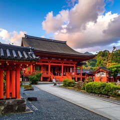 Fototapeta premium Vibrant daytime view of a traditional, red-and-dark-roofed structure, nestled amidst lush greenery and framed by an overcast sky