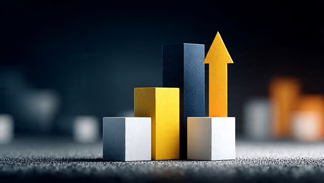 Business growth bar chart blocks with a yellow arrow pointing upwards against a dark background represent financial success and increasing corporate profit margins today