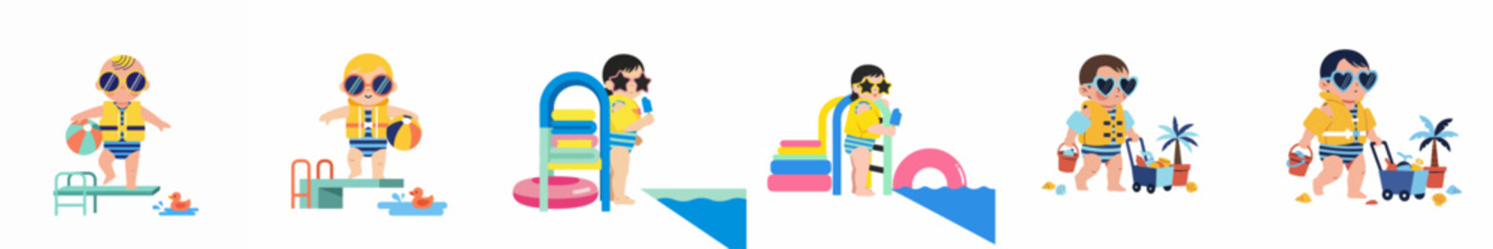 Set of flat vector illustrations featuring toddlers in swimsuits and sunglasses enjoying summer activities at the pool and beach with toys and treats.