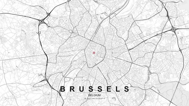 Detailed map of Brussels in Belgium with a red location pin marking a central area, showing circular road layout and dense city streets.