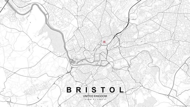 Monochrome street map of Bristol in the United Kingdom with a red pin marking a central location, showing river, roads, and city layout.