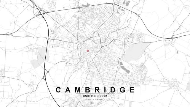 Street map of Cambridge in the United Kingdom with a red pin marking a central location, showing roads, circular layout, and surrounding areas.