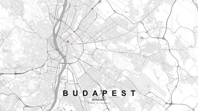 Detailed map of Budapest in Hungary with a red location pin highlighting a central area, showing river, bridges, and urban street network.