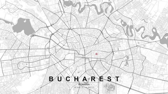Street map of Bucharest in Romania with a red pin marking a central location, showing road network and dense urban structure.