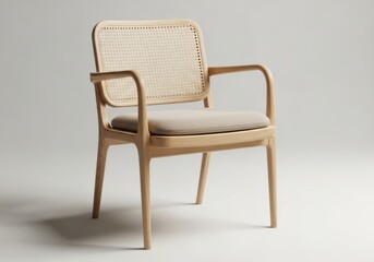 Obraz premium Modern wooden chair with woven backrest and cushioned seat