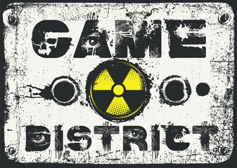 Vector lettering Game District in an urban grunge font featuring human eyes, skulls and radioactive hazard sign. Street art. Suitable for posters, album covers, and t-shirts.No ai © paseven