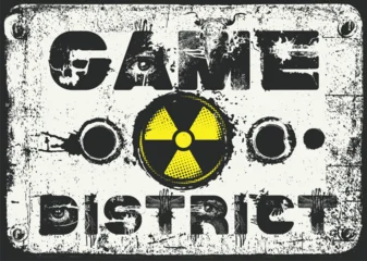 Vector lettering Game District in an urban grunge font featuring human eyes, skulls and radioactive hazard sign. Street art. Suitable for posters, album covers, and t-shirts.No ai © paseven