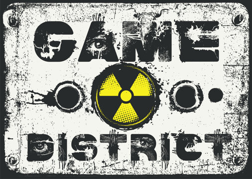 Vector lettering Game District in an urban grunge font featuring human eyes, skulls and radioactive hazard sign. Street art. Suitable for posters, album covers, and t-shirts.No ai